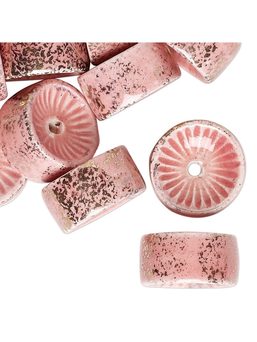 Vintage Japanese Pink Gold Glazed Fine Porcelain Fancy Rondelle Beads 4 pcs